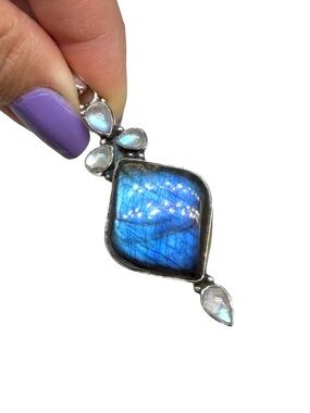 Blue Flash Labradorite Rainbow Moonstone Necklace Pendant 925 Sterling Silver